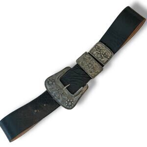 Vintage 70s Streets Ahead Black Leather Belt Floral Silver Buckle Western Medium